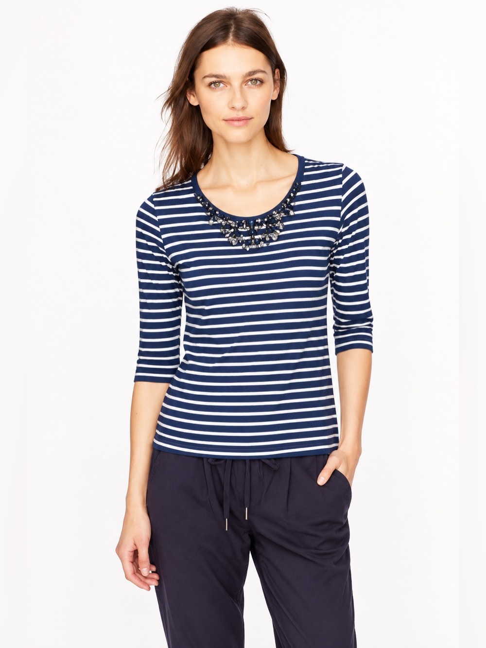 J. Crew Jeweled Painter Tee Stripe Shirt Navy White *91